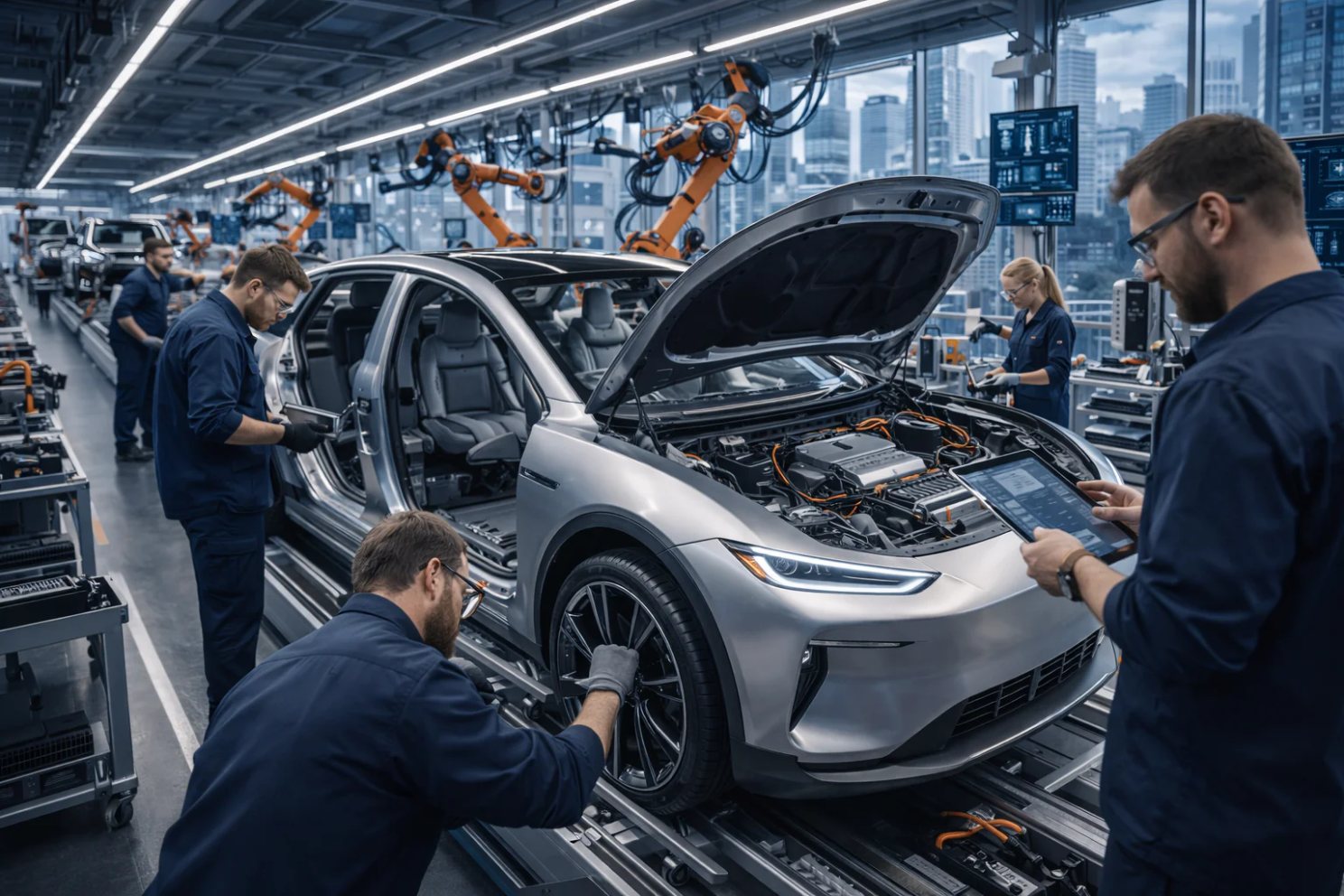 Residents assembling an electric vehicle on a bright factory floor with robotic arms and the skyline behind
