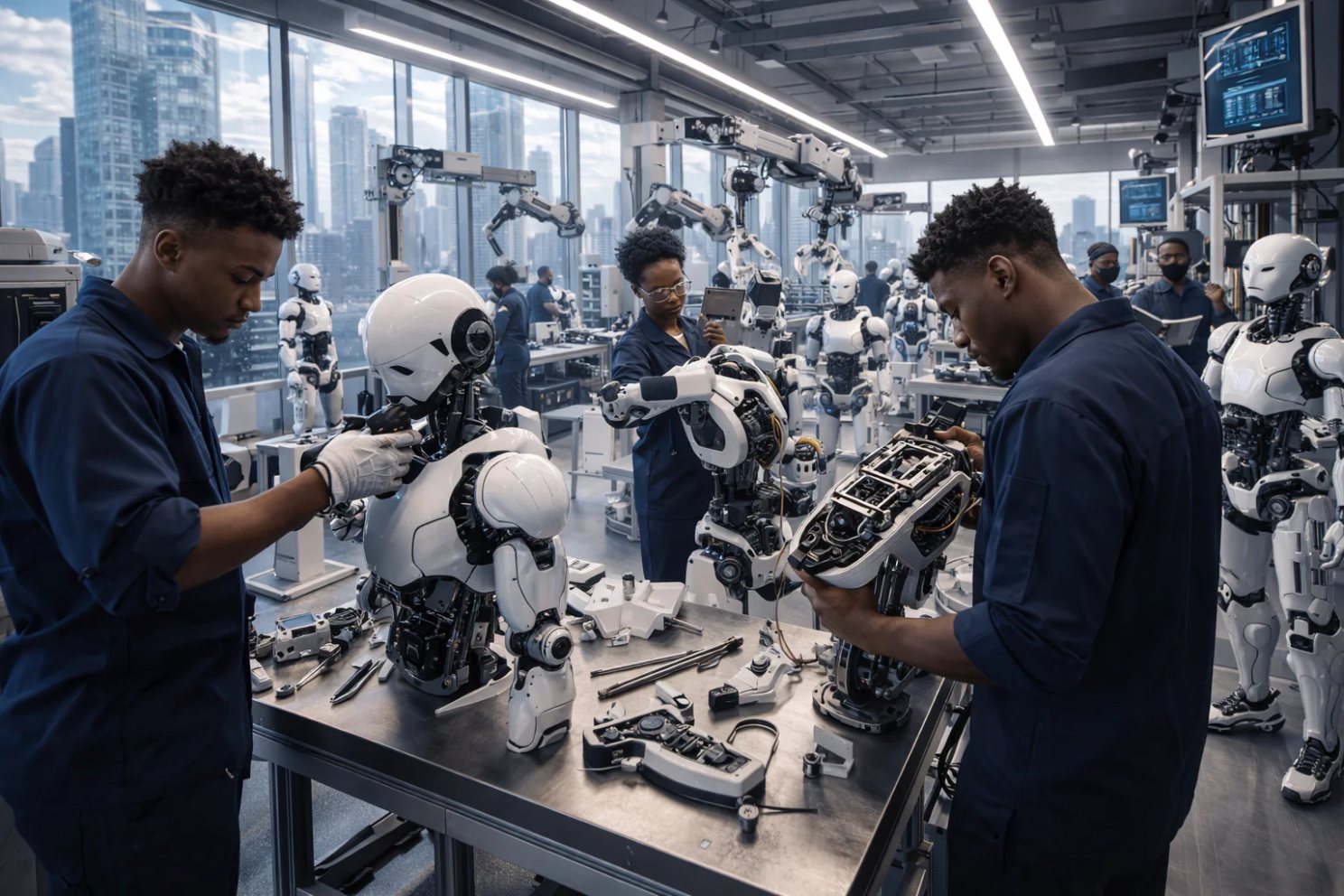 Resident technicians assembling humanoid robots in a high-rise workshop