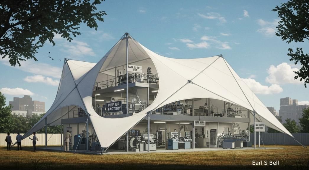 A pop-up factory under a white tensile canopy on a community lot