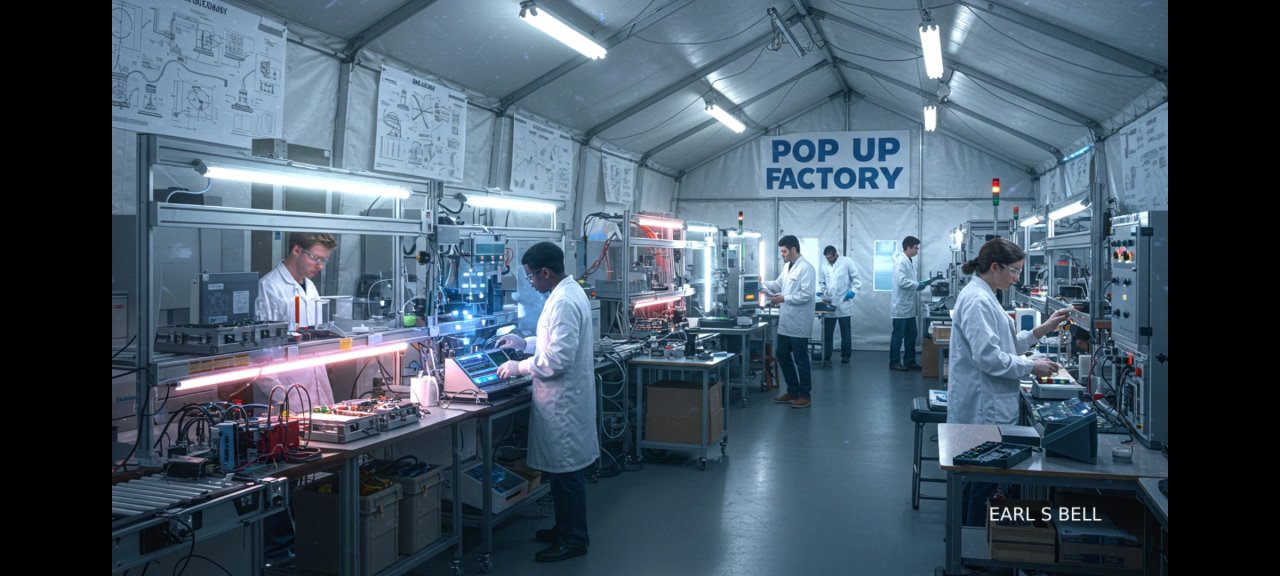 Inside the pop-up factory: resident technicians at lit workbenches