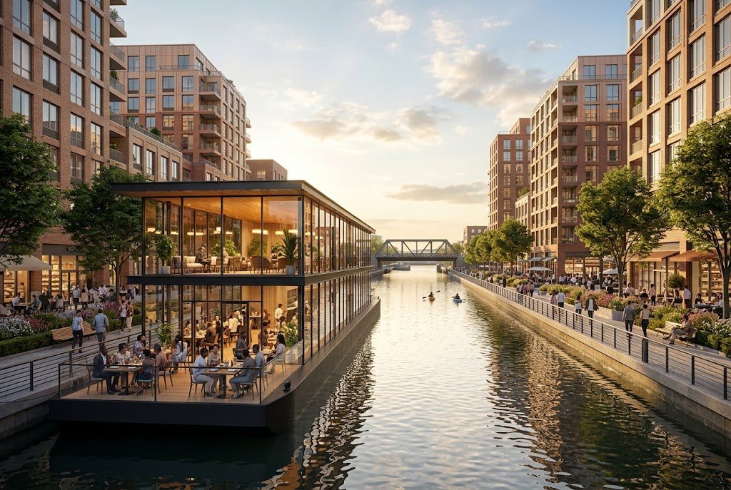 A glass pavilion on the canal with terraces and a promenade