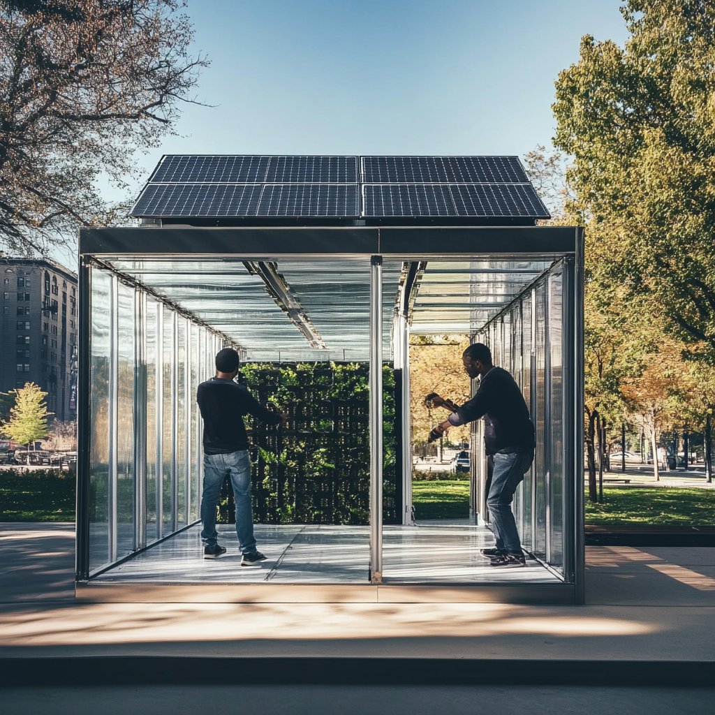 A solar-roofed glass pod with a living green wall, two residents fitting it out in the park