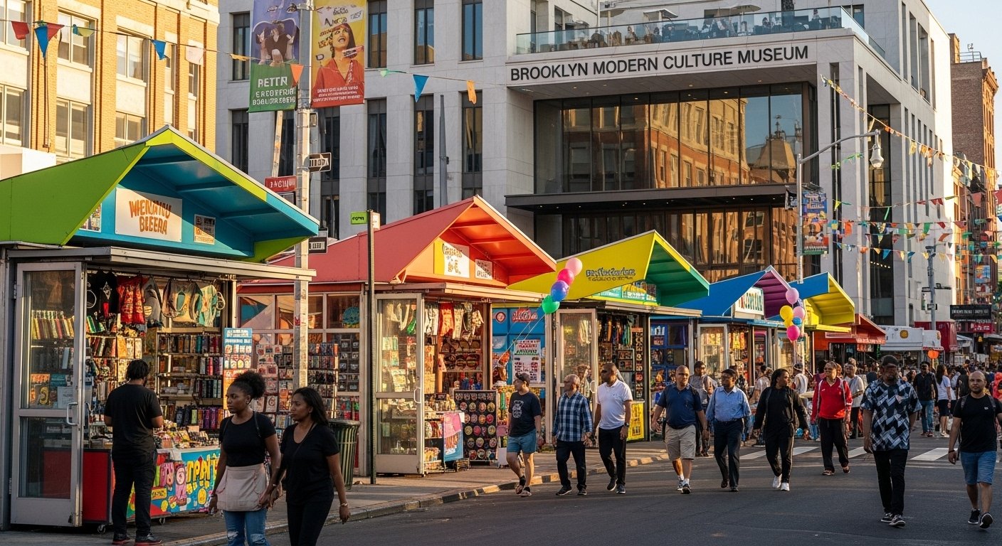 A street market of bright kiosks in front of the Brooklyn Modern Culture Museum