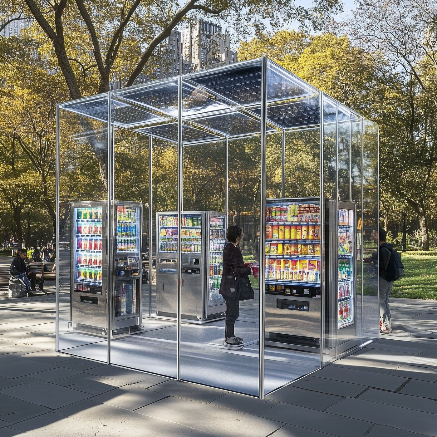 A glass vending kiosk with a solar roof in the park