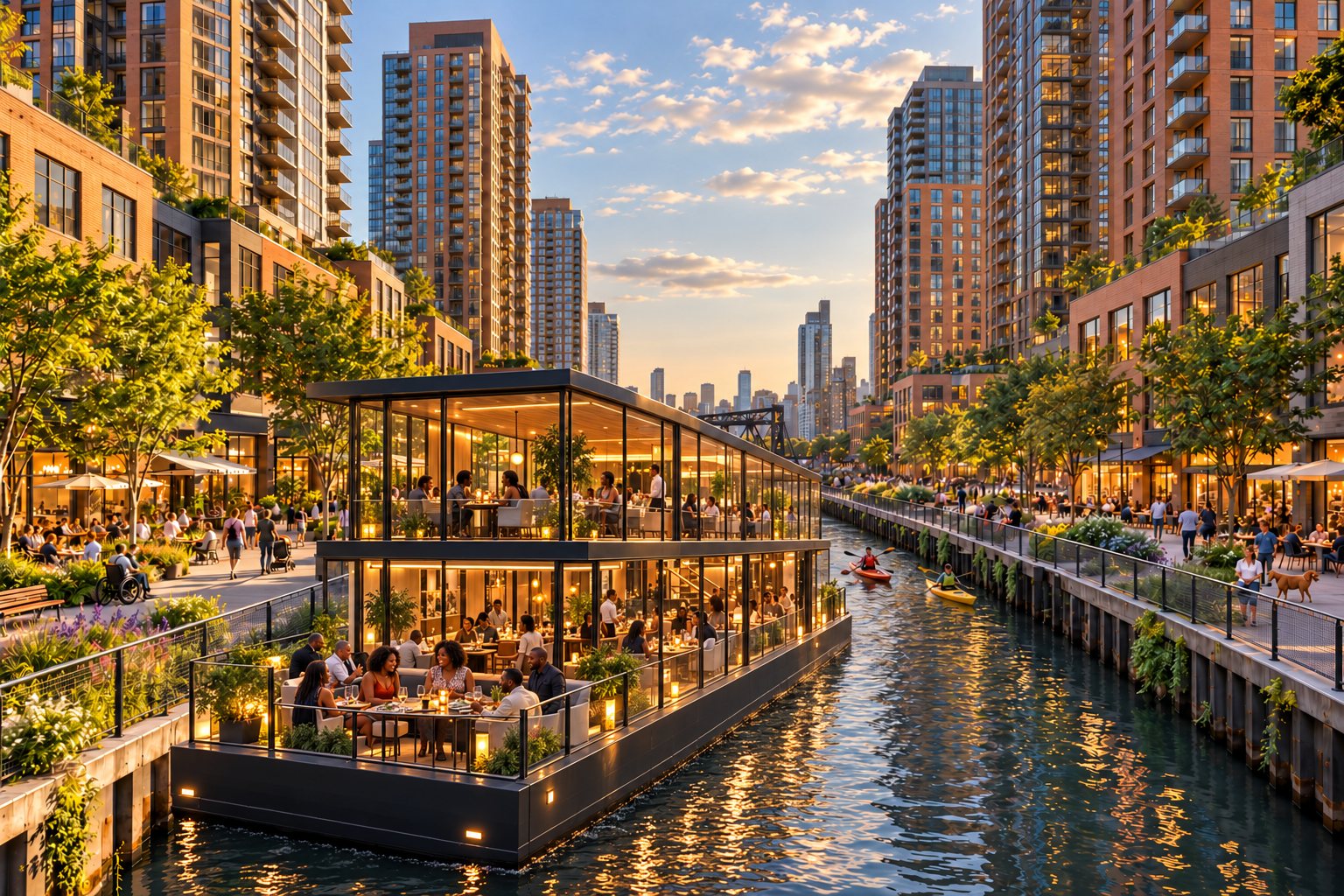 A floating restaurant on the canal at golden hour